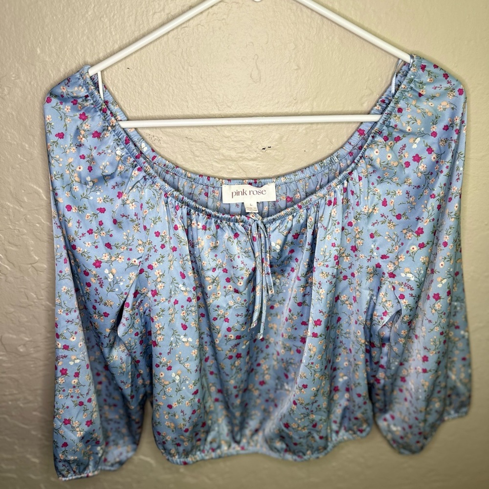 Pink Rose Blue Crop Tie Front Blouse